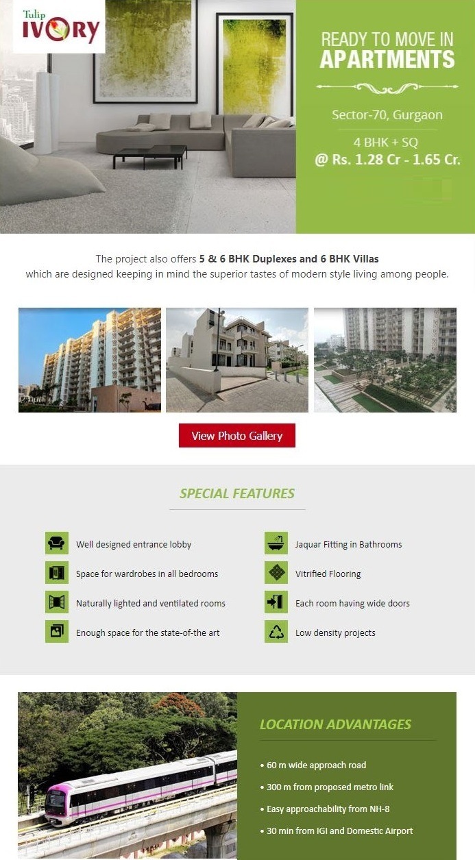 Ready to Move 4 BHK+SQ Apt. Starting at Rs. 1.28 Cr. at Tulip Ivory in Sec 70, Gurgaon