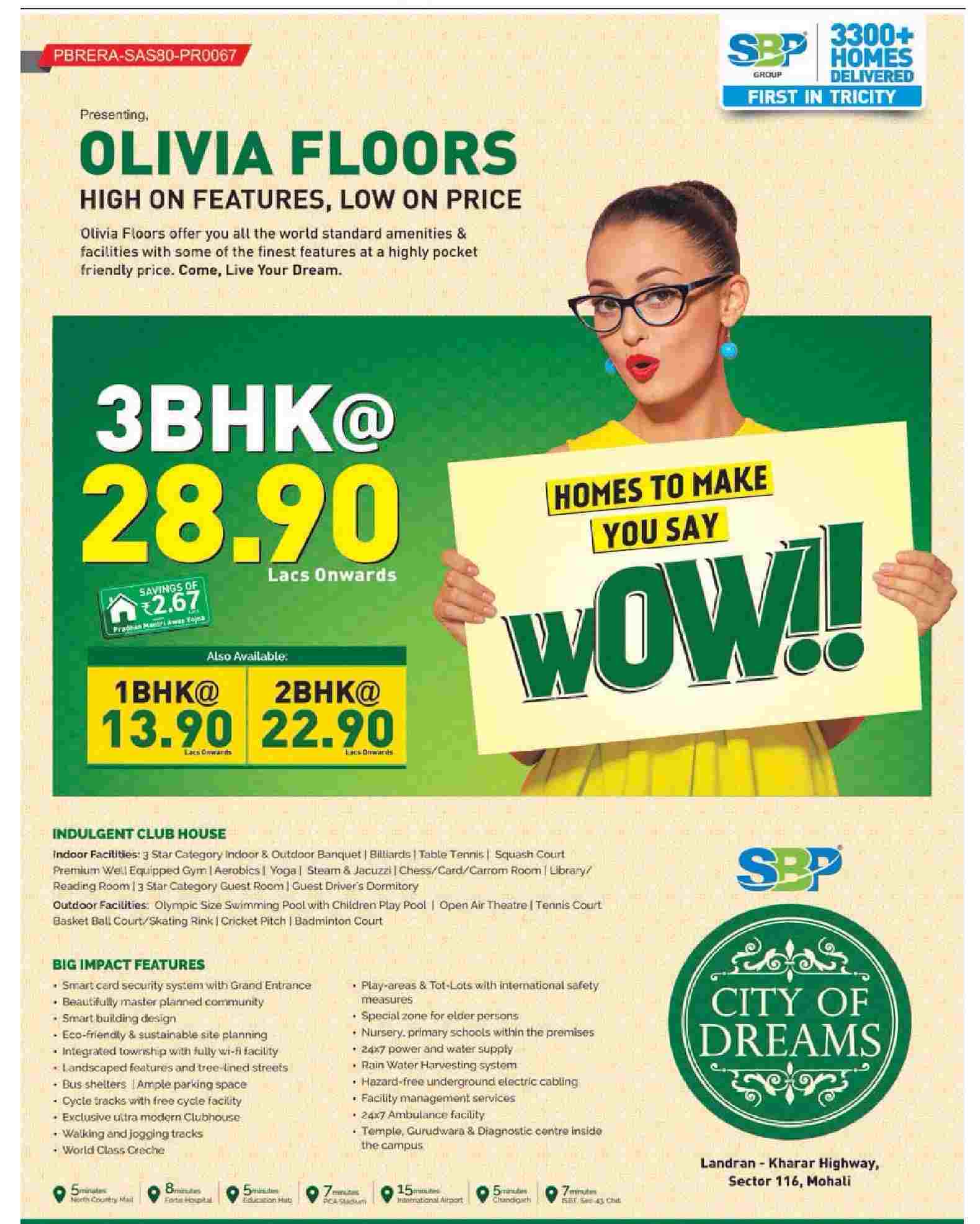 SBP presenting Olivia Floors with high features and low price at City Of dreams in Mohali Update