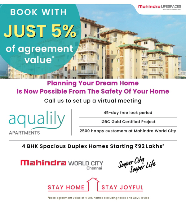 Book with just 5% of agreement value at Mahindra Aqualily in Chennai Update