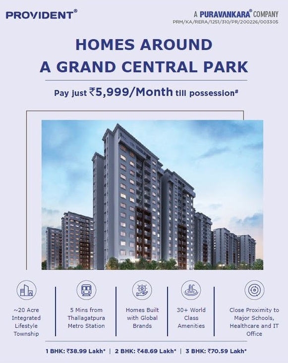 Pay just Rs 5999 /month till possession at Provident Park Square, Bangalore