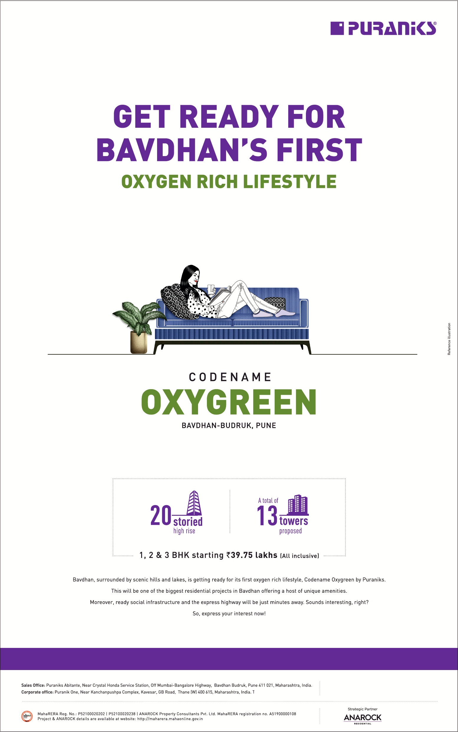 Book 1, 2 & 3 BHK starting Rs 39.75 Lac (all inclusive) at Puraniks Codename Oxygreen, Pune
