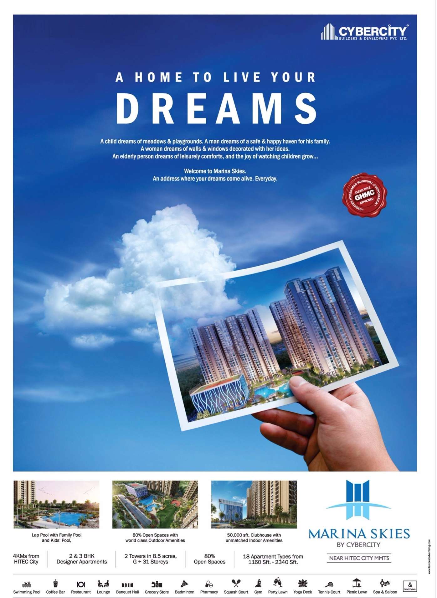 Welcome to an address where your dreams come alive everyday at Cybercity Marina Skies in Hyderabad Update