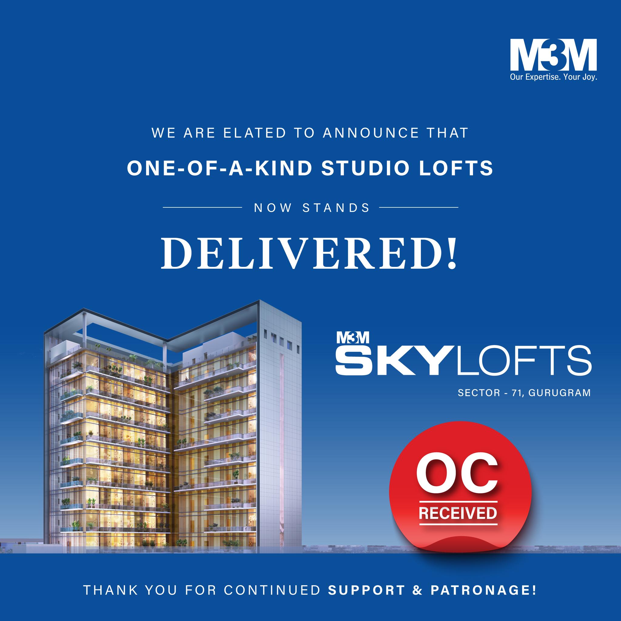 We are elated to announce that one-of-a-kind studio lofts now stands  delivered at M3M Sky Lofts, Gurgaon