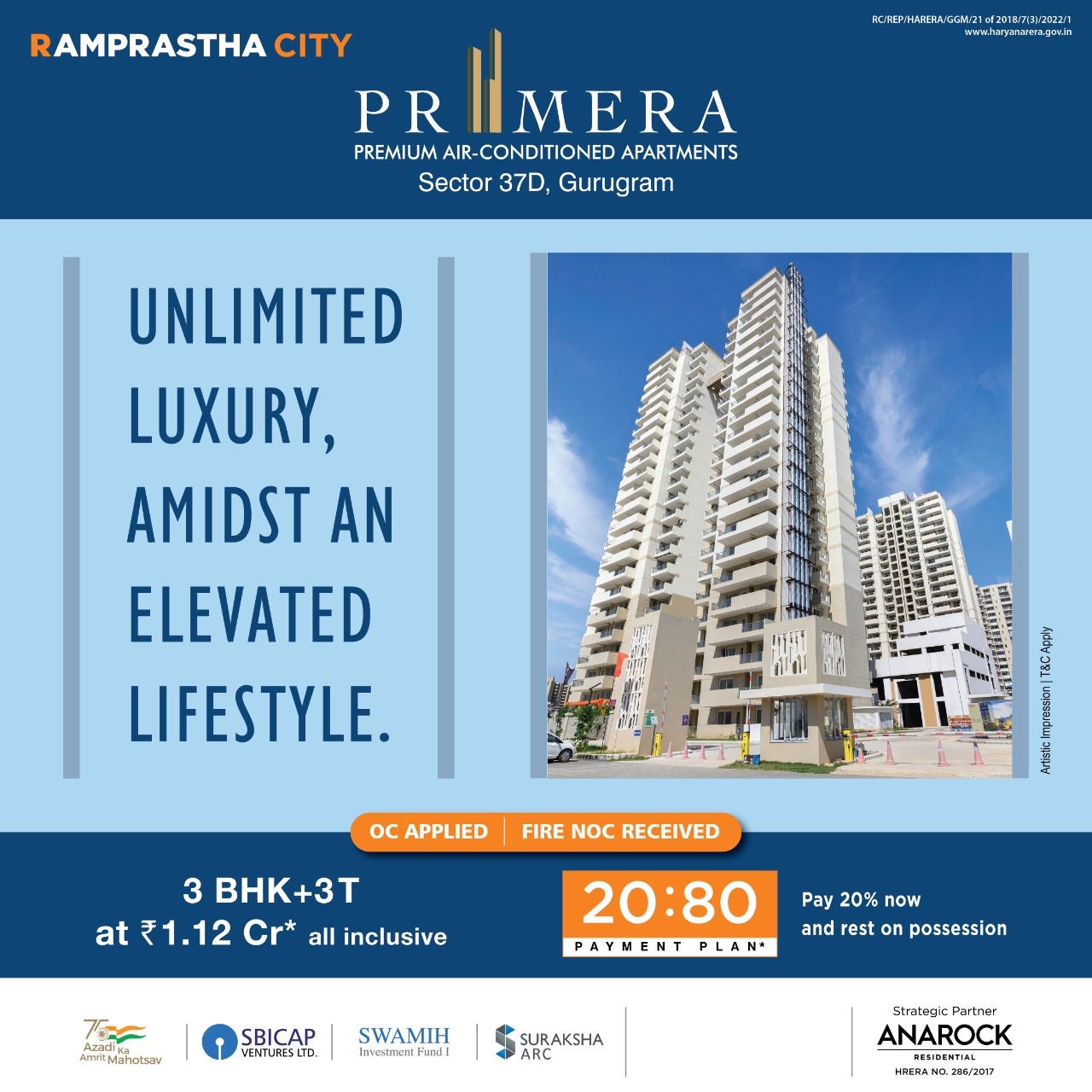 Presenting 20:80 payment plan at Ramprastha Primera, Gurgaon