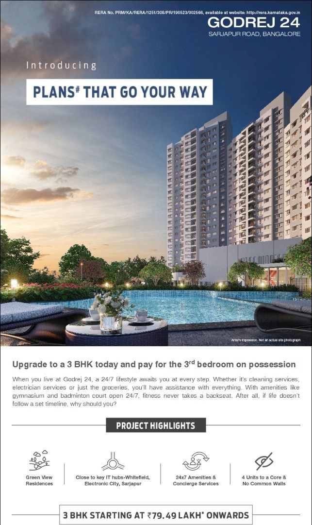 Upgrade to a 3 bhk today and pay for the 3rd bedroom on possession at Godrej 24, Bangalore
