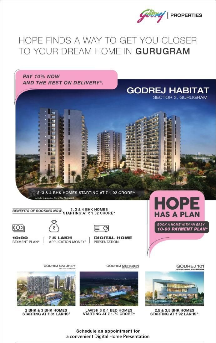Pay 10% now and the rest on delivery at Godrej Habitat in Gurgaon Update