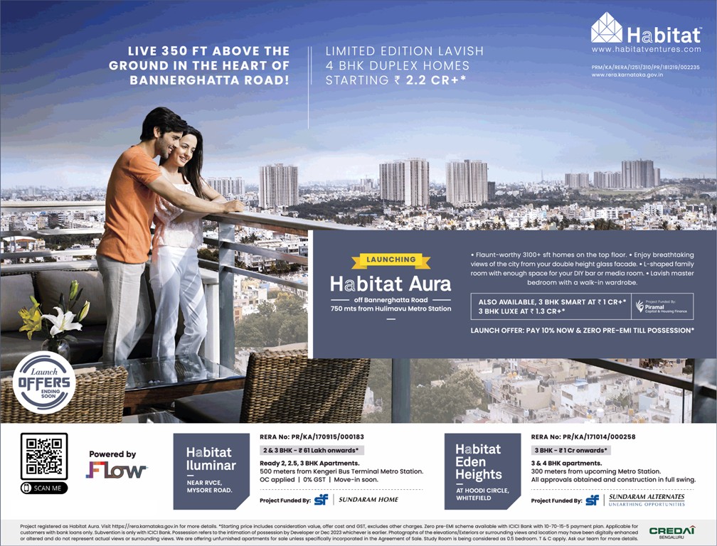 Launch offer pay 10% now & zero pre EMI till possession at Habitat Aura, Bangalore