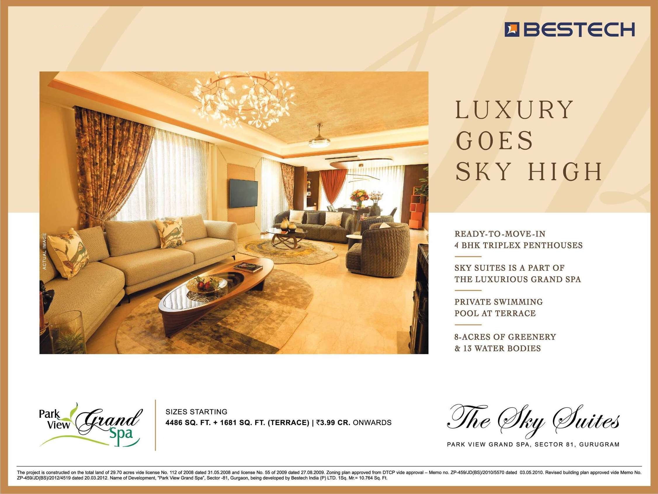 Ready to move in 4 BHK triplex penthouses at Bestech Park View Grand Spa, Gurgaon