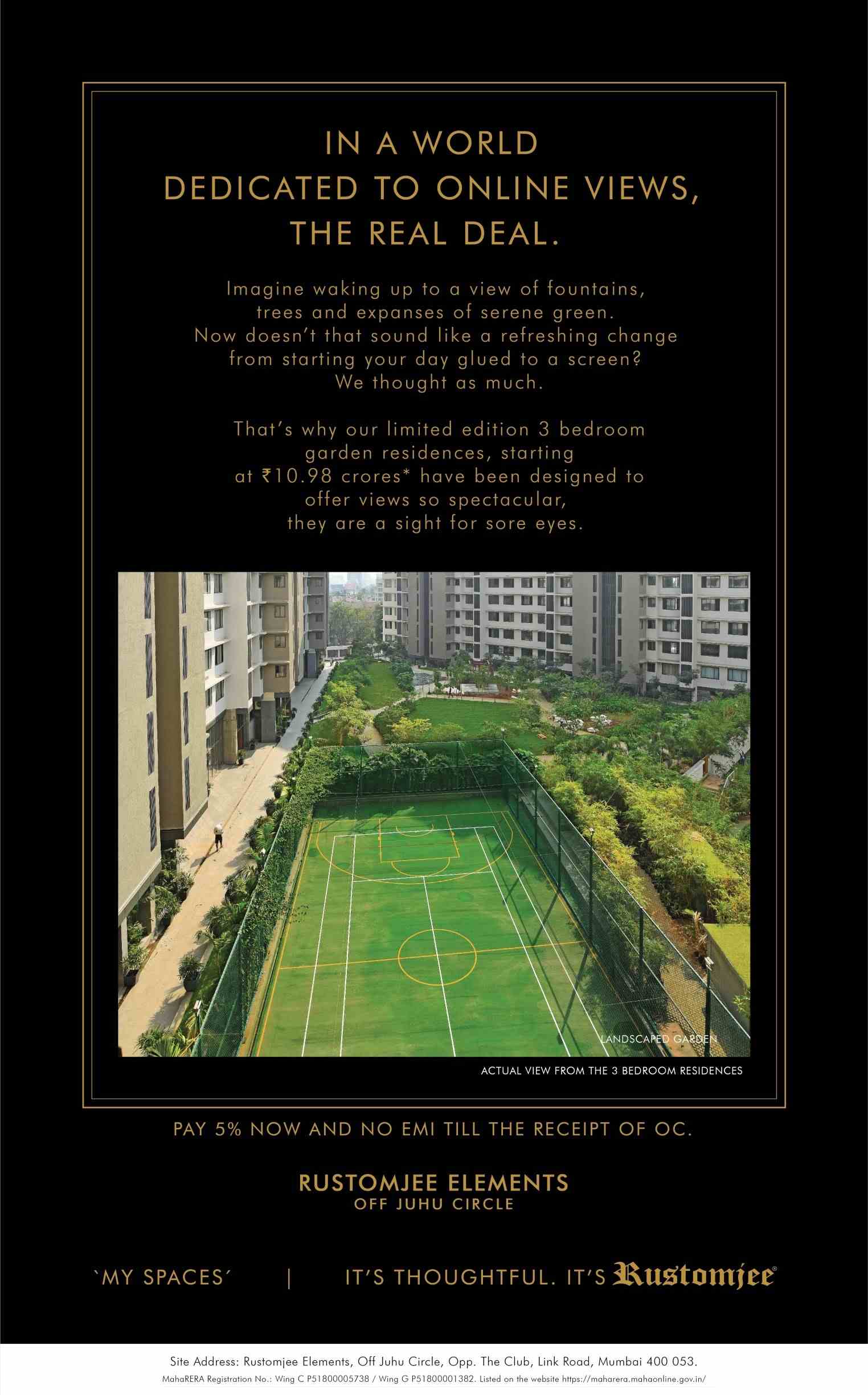 Pay 5% now and no EMI till the receipt of OC at Rustomjee Elements in Mumbai