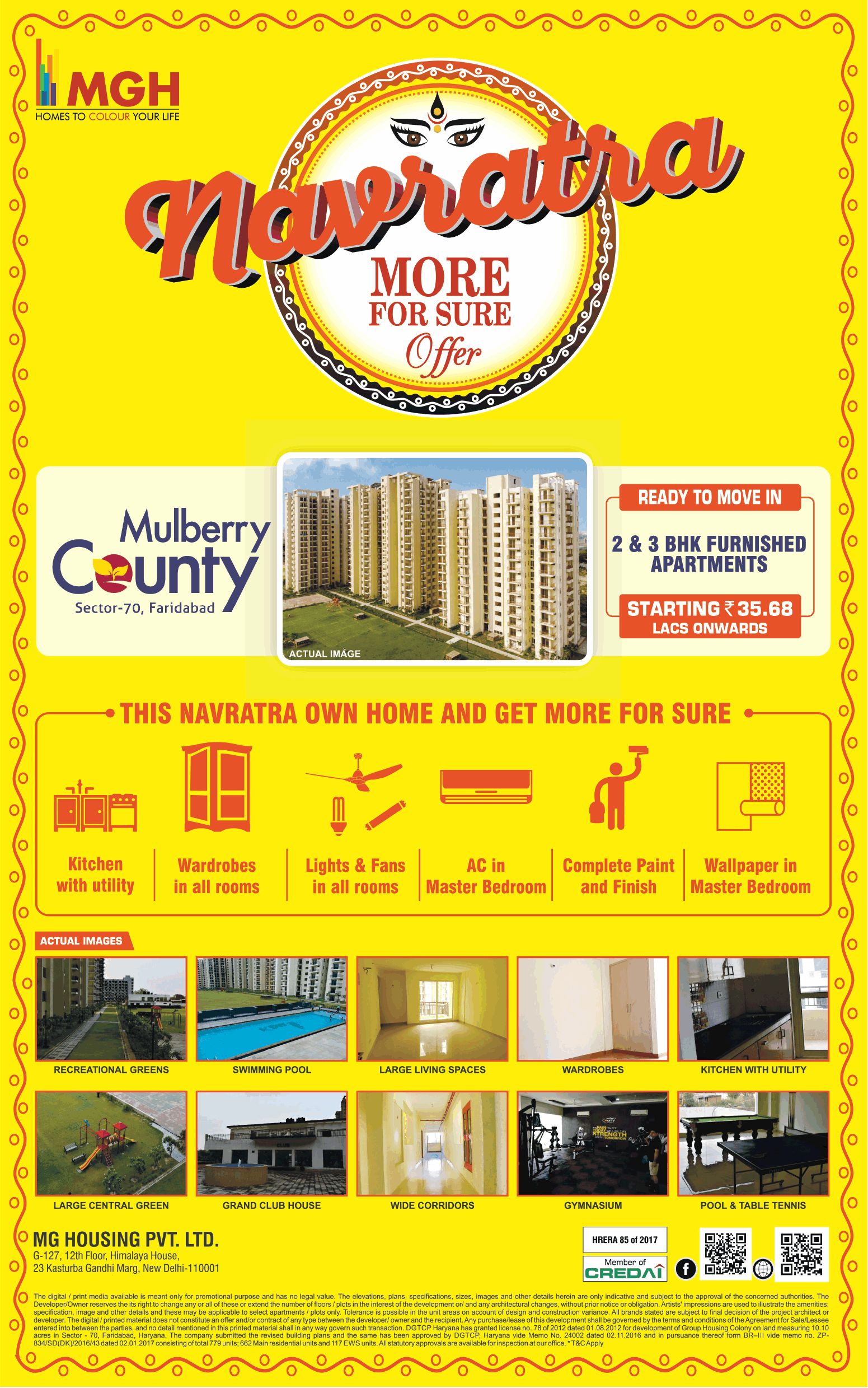 Book 2 & 3 BHK furnished apartments Rs 35.68 Lac at MGH Mulberry County in Faridabad