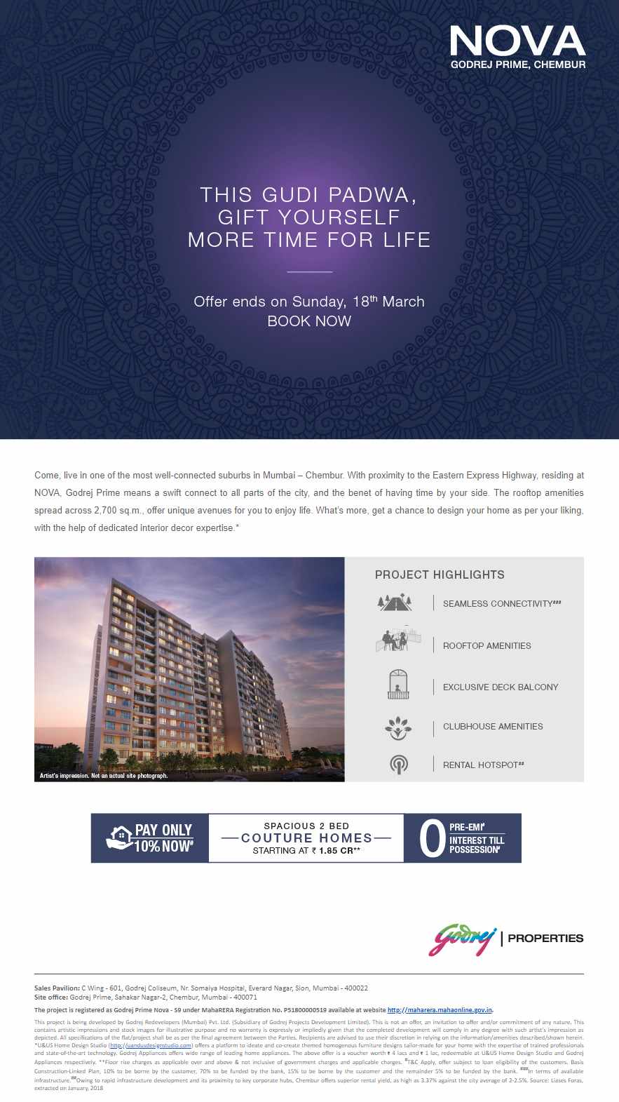 Pay only 10% now to book your home at Godrej Prime Nova in Mumbai