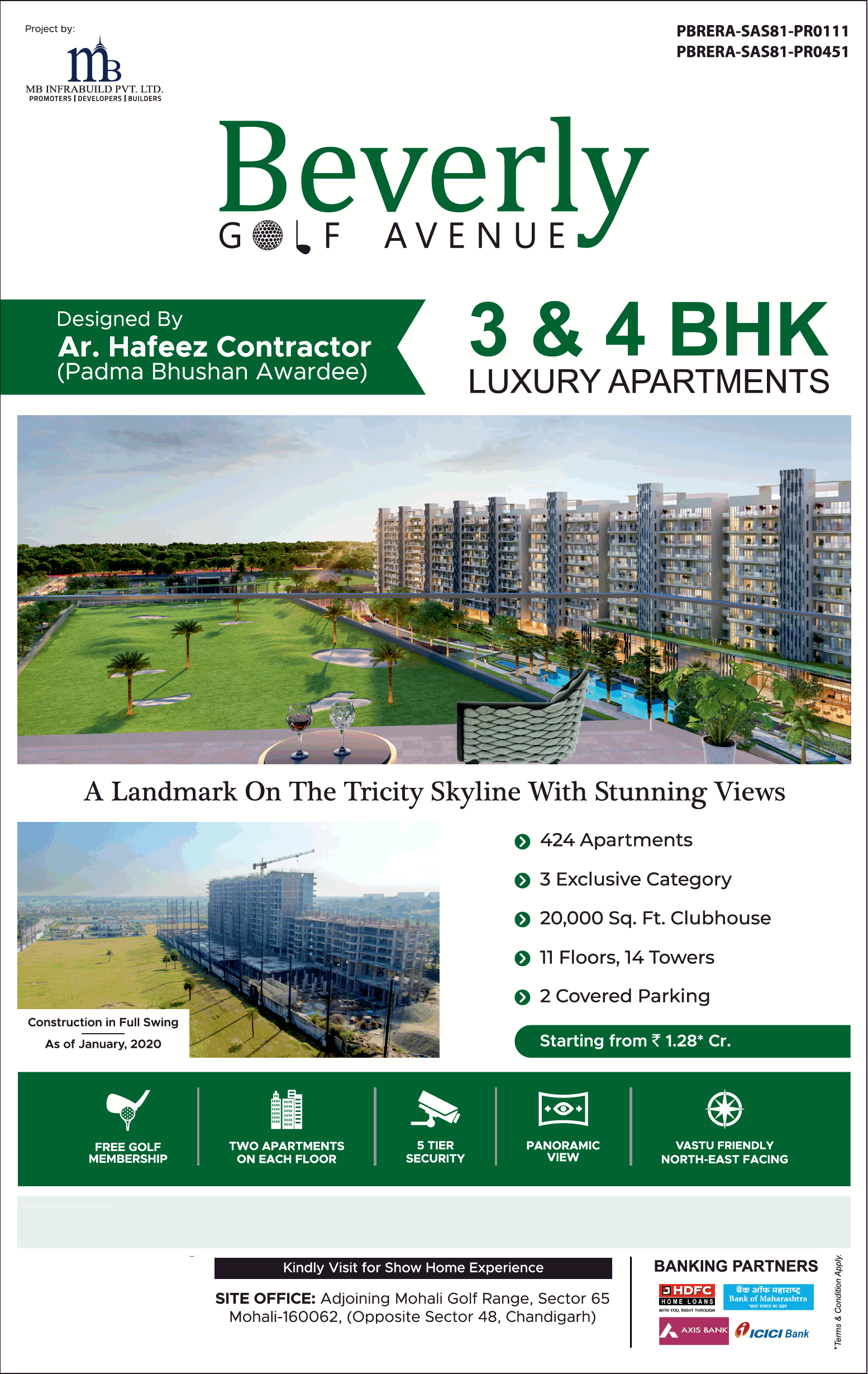 3 and 4 BHK luxury apartment Rs 1.28 Cr at MB Beverly Golf Avenue, Mohali