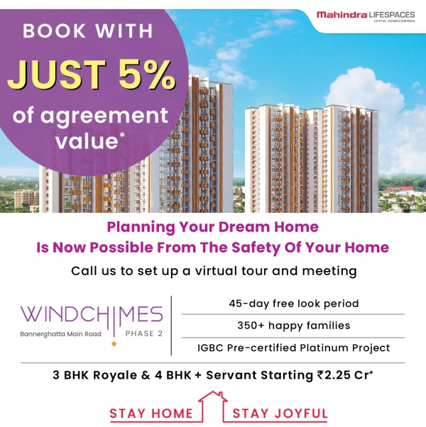 Book with just 5% of agreement value at Mahindra Windchimes in Bangalore