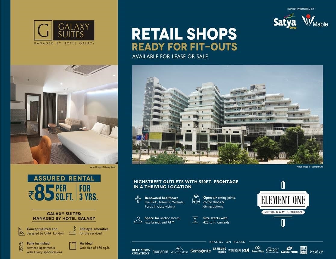 Retail shop ready for fit outs and also assured rental for 3 years at Satya Element One in Gurgaon