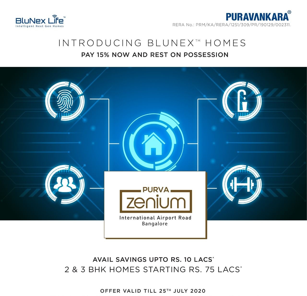 Introducing blunex homes pay 15% now rest on possession at Purva Zenium, Bangalore