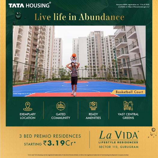 Book 3 Bed Premio residences and nearing possession at Tata La Vida in Sector 113, Gurgaon