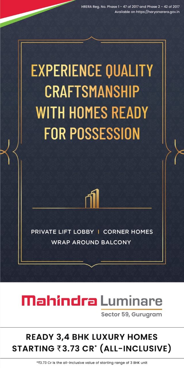 Experience quality craftsmanship with homes ready for possession at Mahindra Luminare, Gurgaon