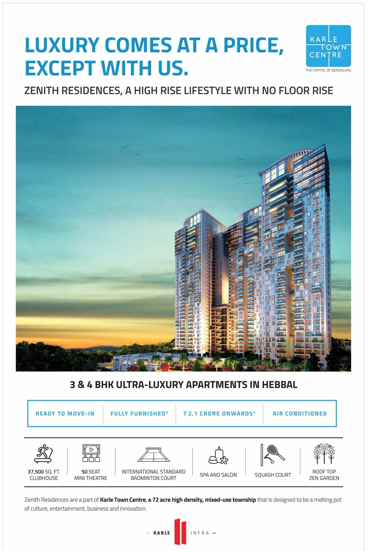 Experience a luxurious life with 3 & 4 BHK ultra luxury apartments at Karle Town Centre, Bangalore