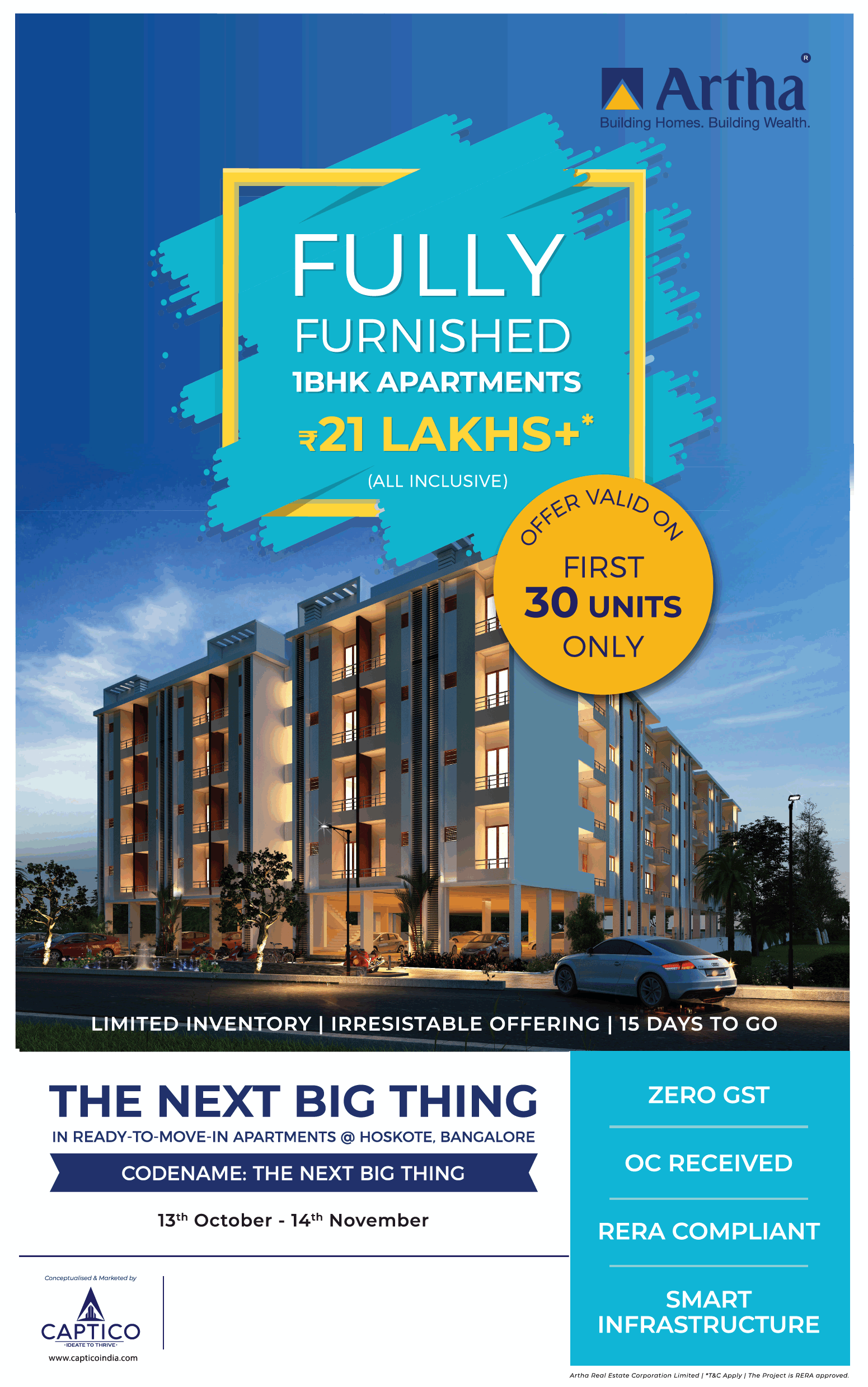 Furnished 1 BHK apartments Rs 21 Lac at Artha Midas in Bangalore