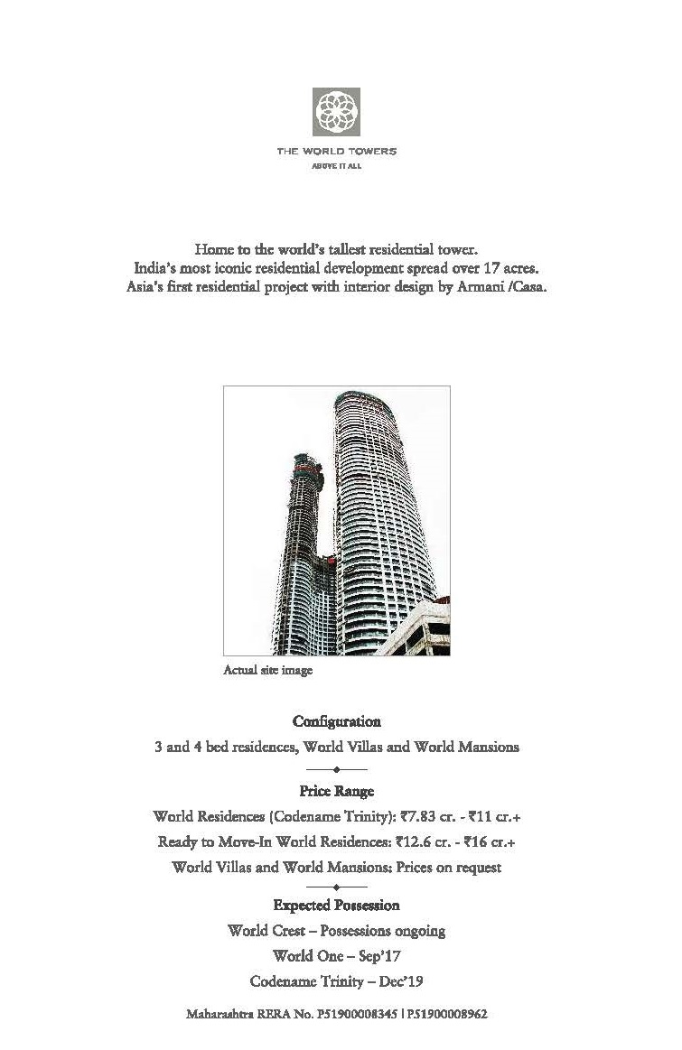Reside in India's most iconic residential tower at Lodha The World Towers Update