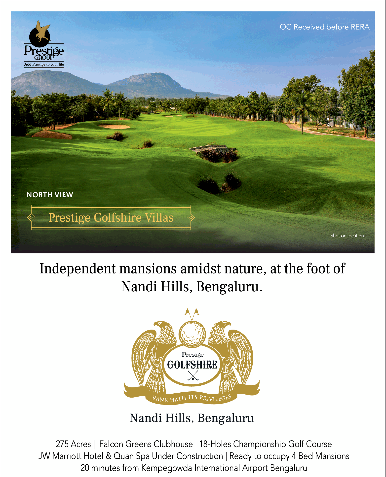 Ready to occupy 4 bed mansions at Prestige Golfshire in Nandhi Hills, Bangalore