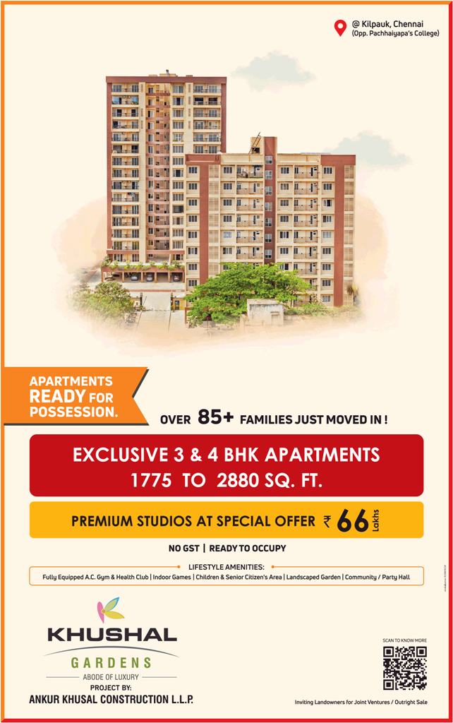 Exclusive 3 & 4 BHK apartment Rs 66 Lac at Ankur Khushal Gardens, Chennai