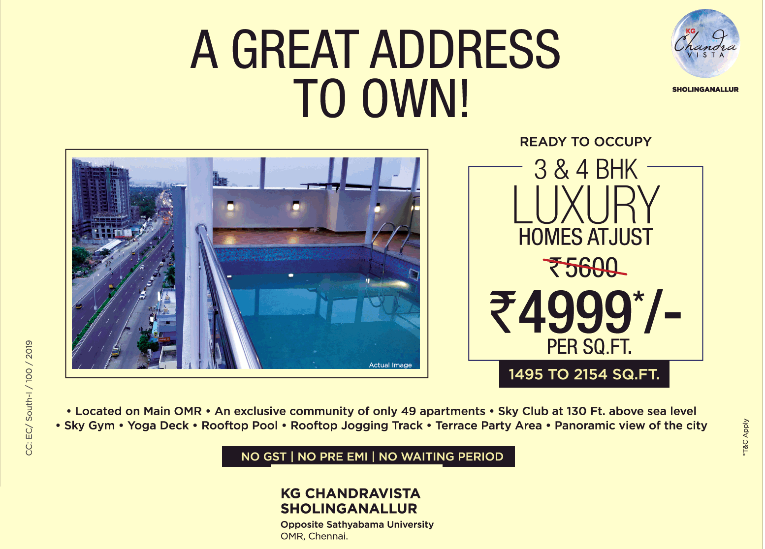 Book 3 & 4 BHK luxury homes at just Rs 4999 per sq.ft at KG Chandra Vista, Chennai
