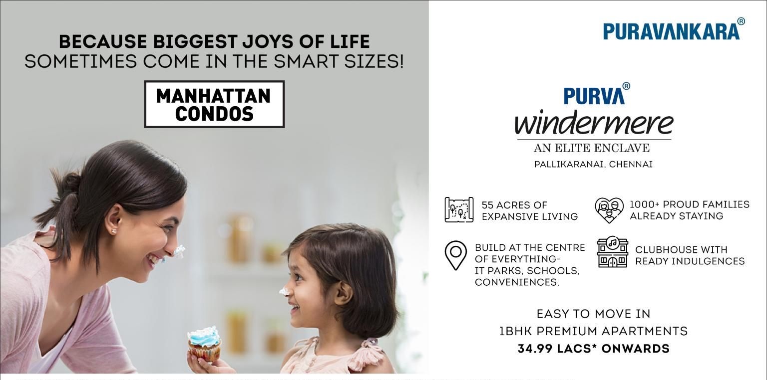 Easy to move in 1 BHK premium apartments Rs 34.99 lakh onwards at Purva Windermare in Chennai