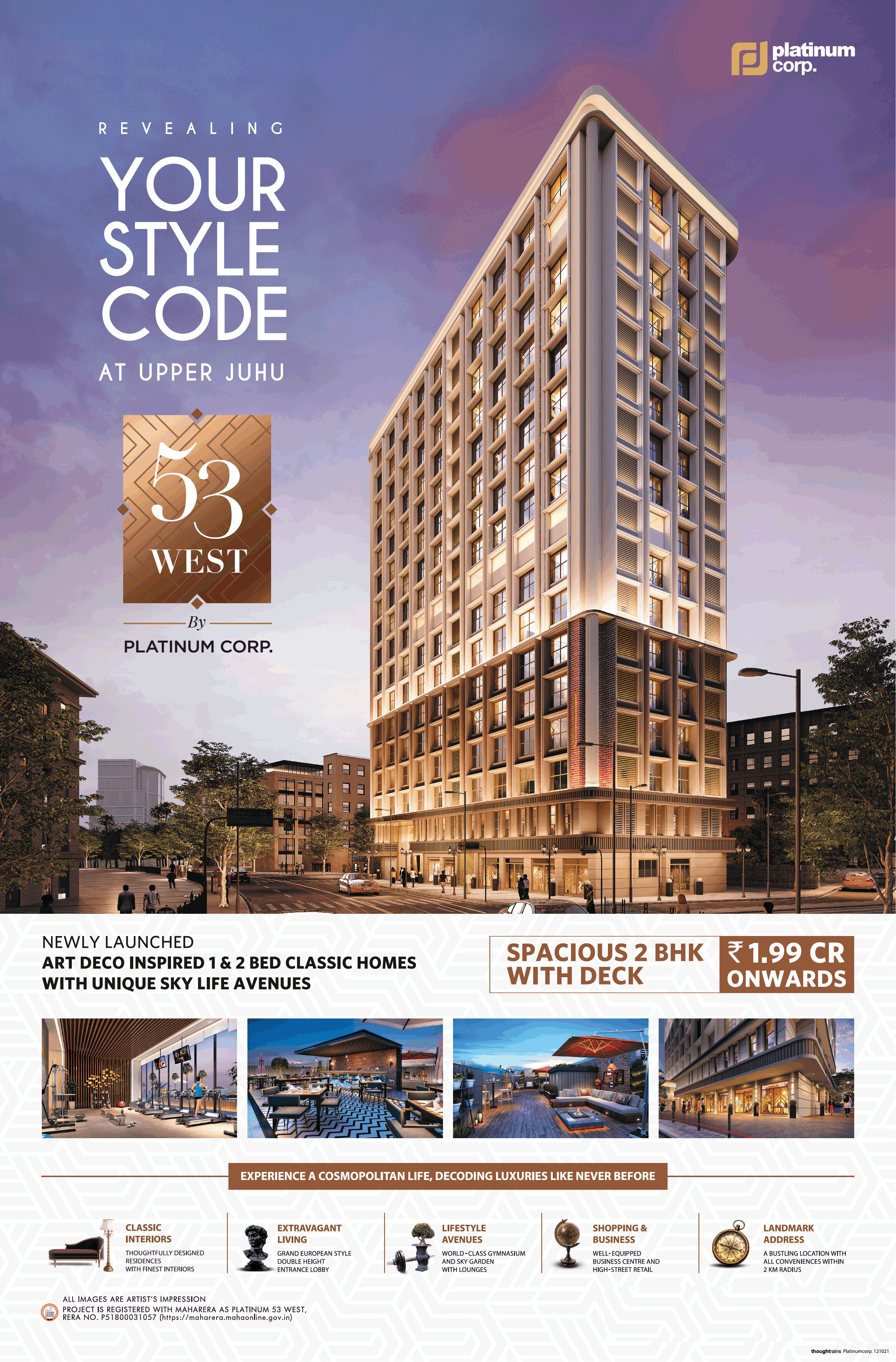 Newly launched art deco inspired 1 & 2 bed classic homes with unique sky life avenues at Platinum 53 West, Mumbai,