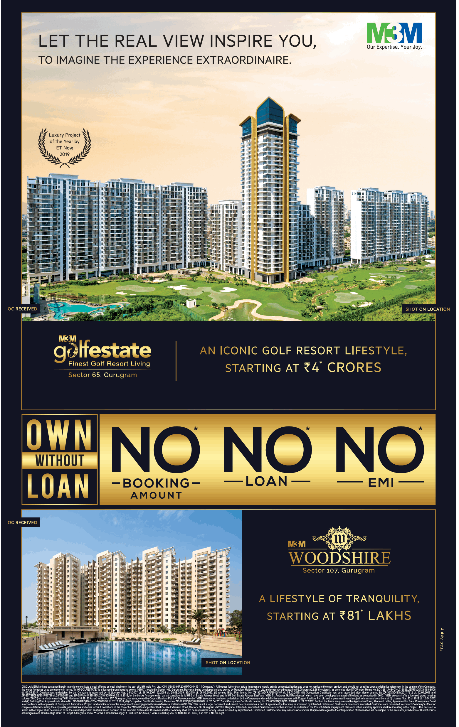 No booking amount, no loan, no EMI scheme at M3M Golf Estate and Woodshire in Gurgaon