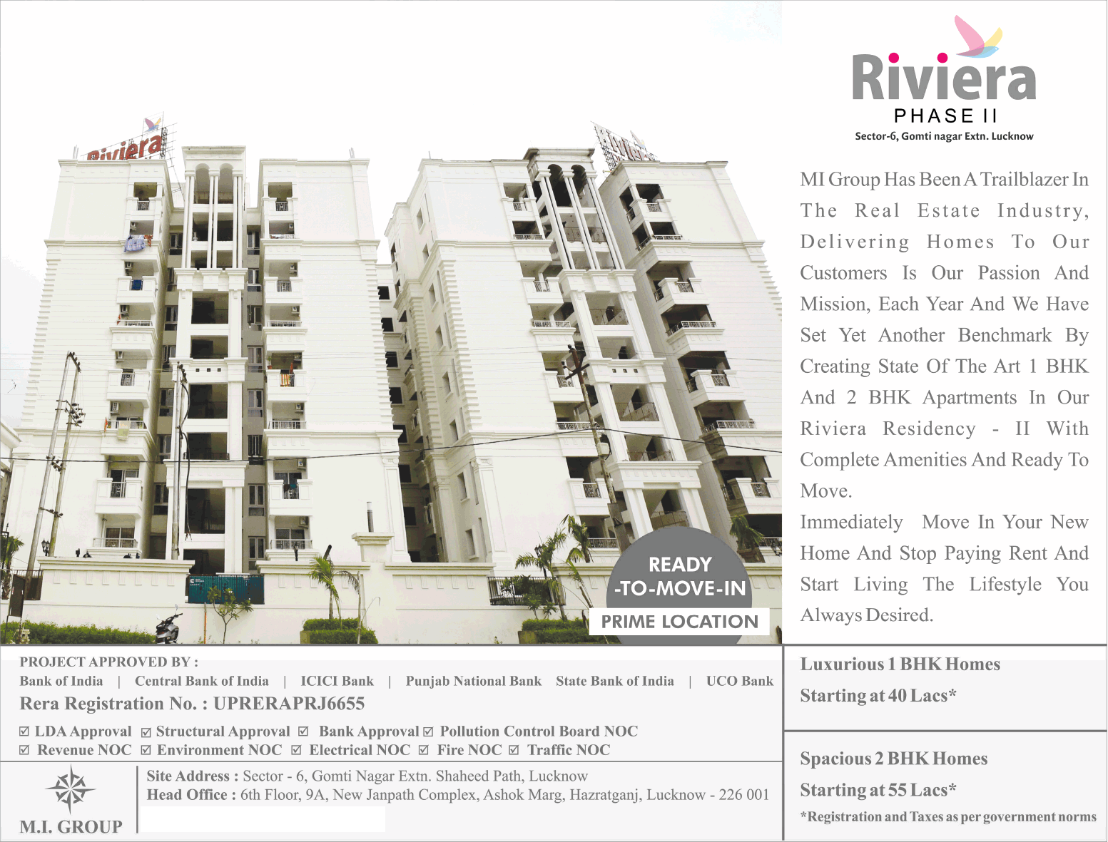 Luxurious 1 and 2 BHK homes Rs 40 Lac at MI Riviera Residency Phase 2, Lucknow Update