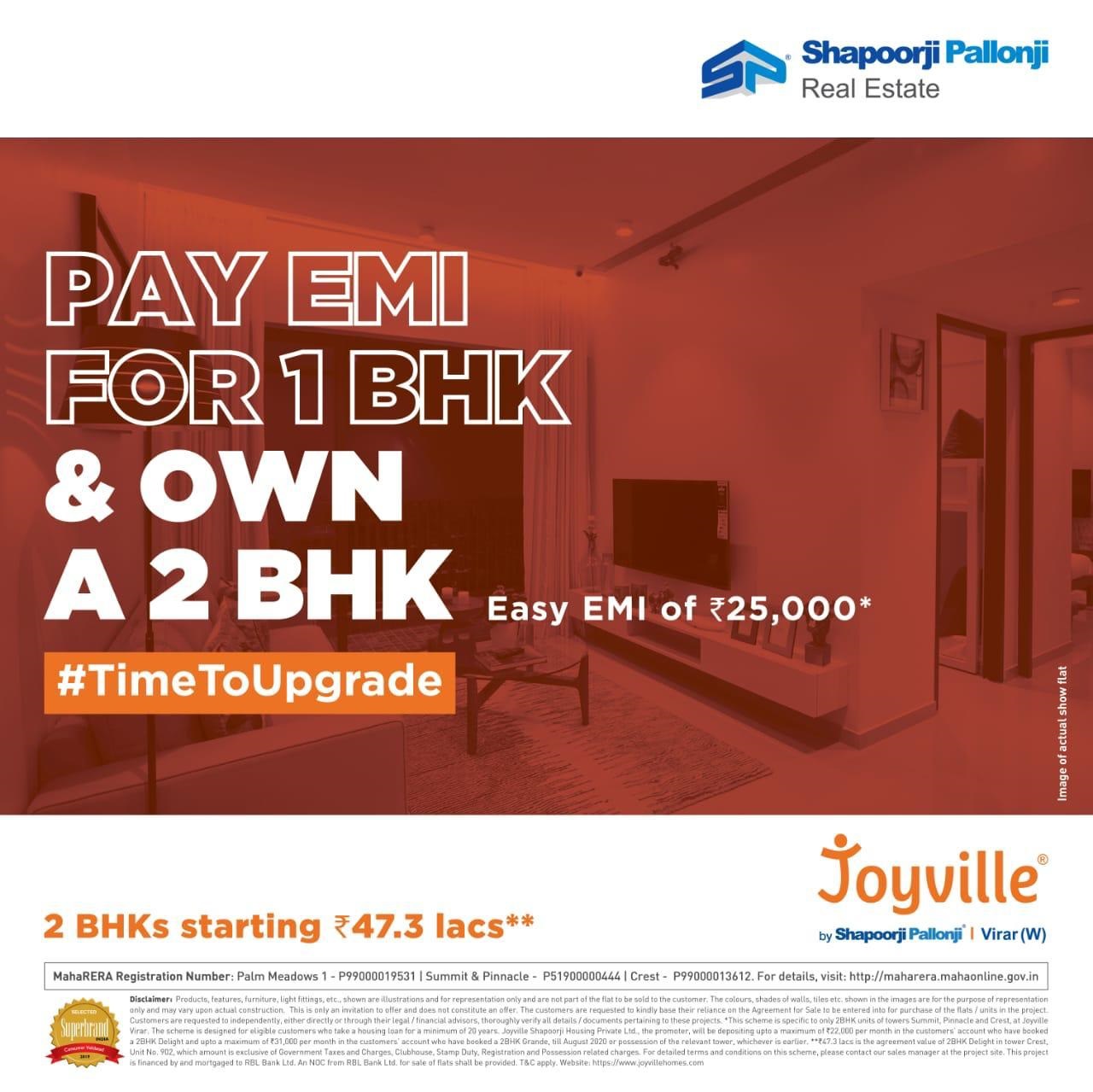 Pay EMI for 1 BHK and own a 2 BHK at Shapoorji Pallonji Joyville in Virar, Mumbai Update