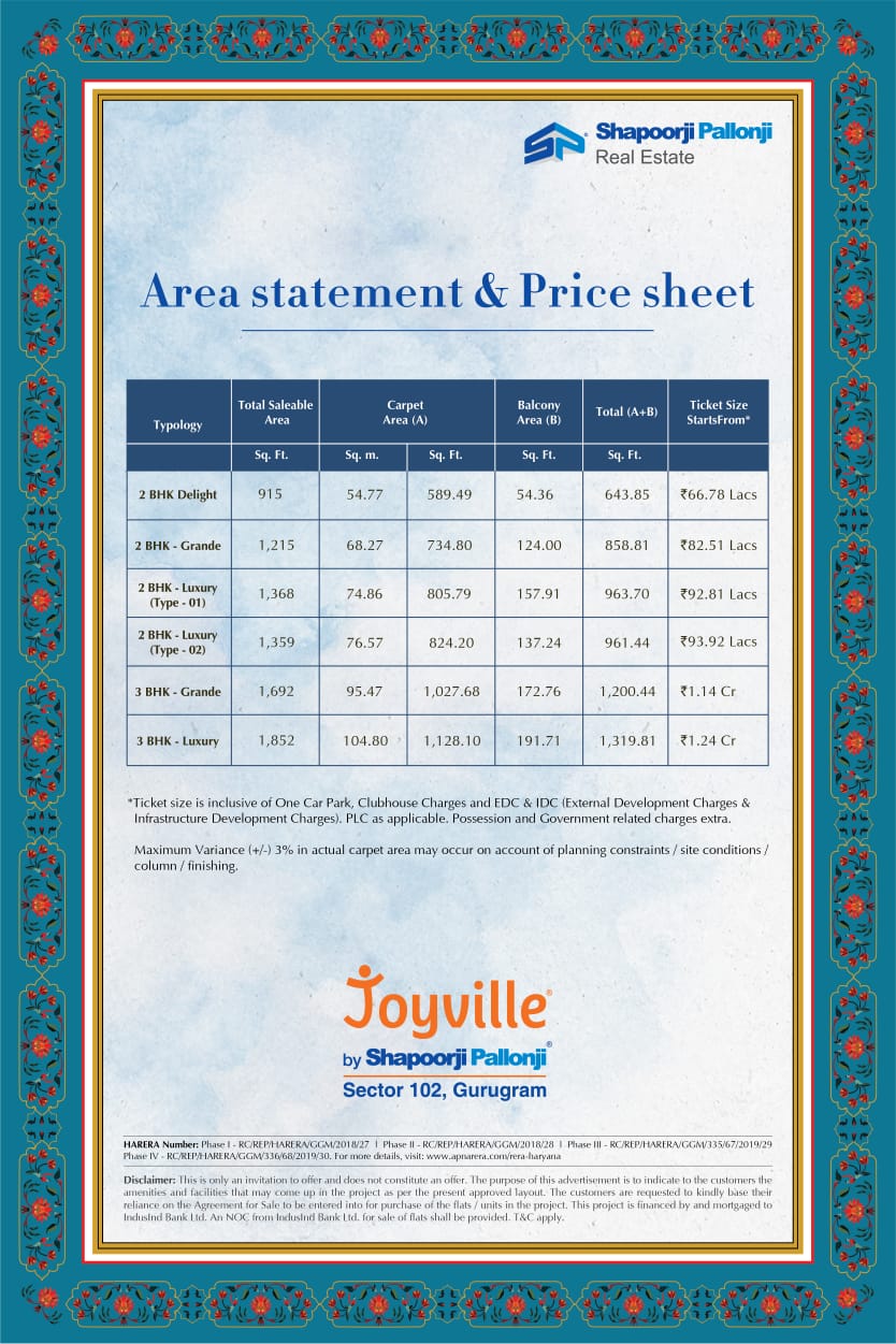 Shapoorji Pallonji Joyville price sheet & area statement in Sector 102, Gurgaon