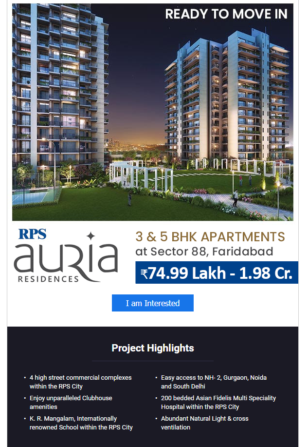 Ready to move in 2 and 3 BHK apartments at RPS Auria Residences, Faridabad