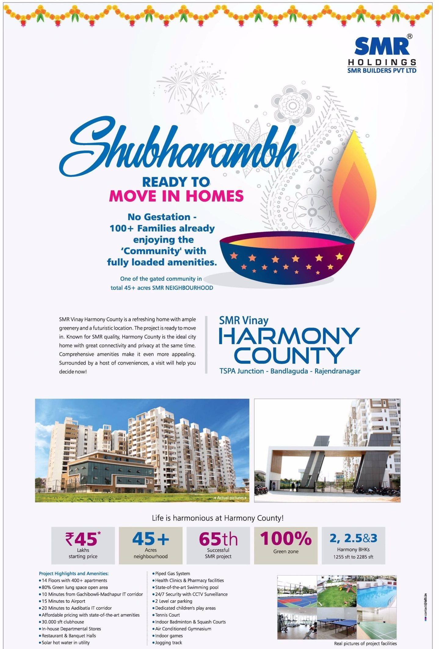 SMR Holdings presents ready to move in homes at SMR Vinay Harmony County in Hyderabad