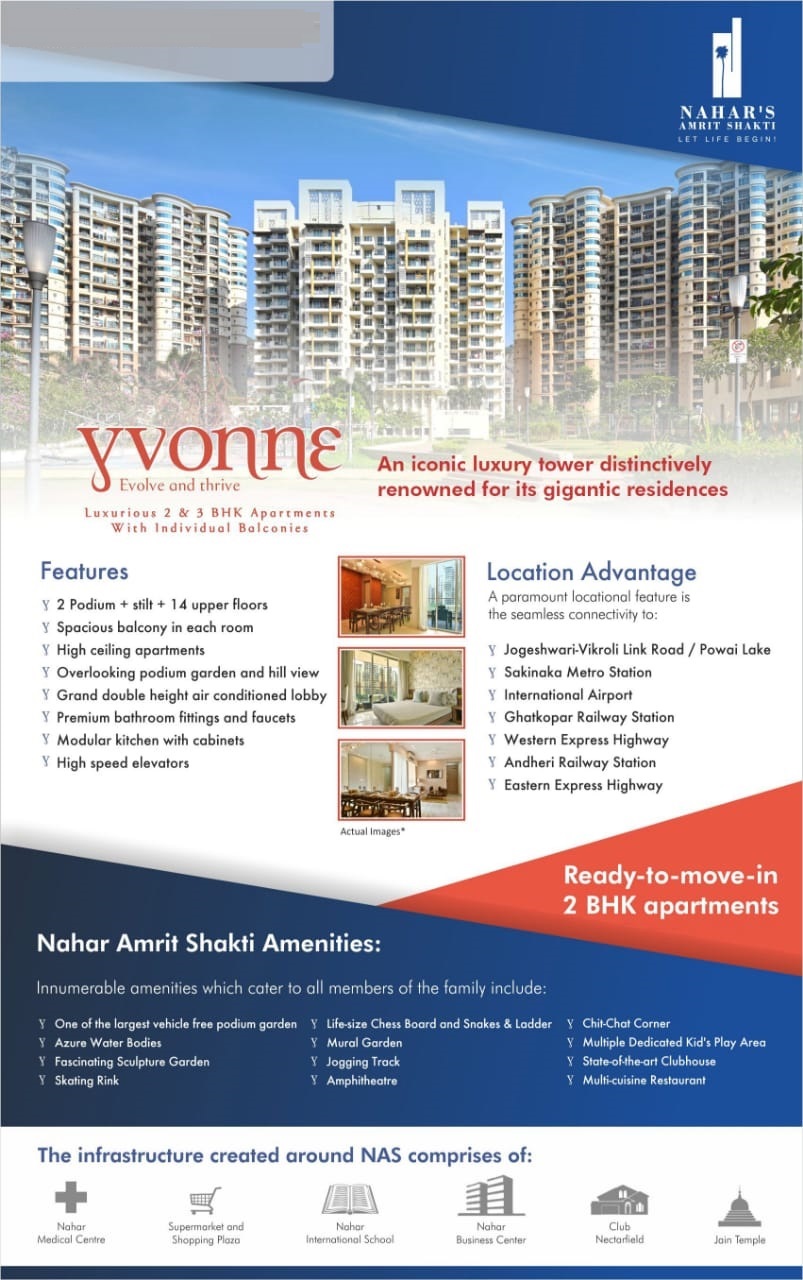 Luxurious 2 & 3 BHK apartments with individual balconies at Nahar Yvonne, Mumbai
