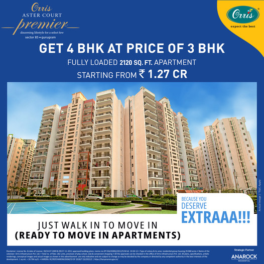 Get a 4 BHK home at the price of 3 BHK. 2120 sq. ft. starting from Rs 1.27 Cr at Orris Aster Court Premier in Gurgaon