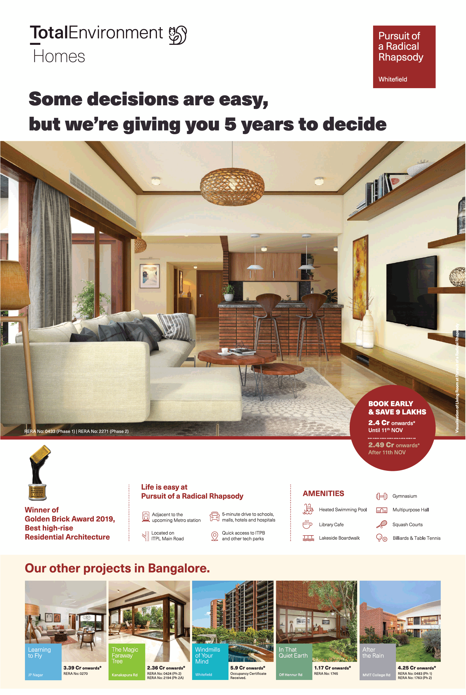 Book early and save 9 lakh at Total Environment Pursuit of A Radical Rhapsody in Bangalore Update