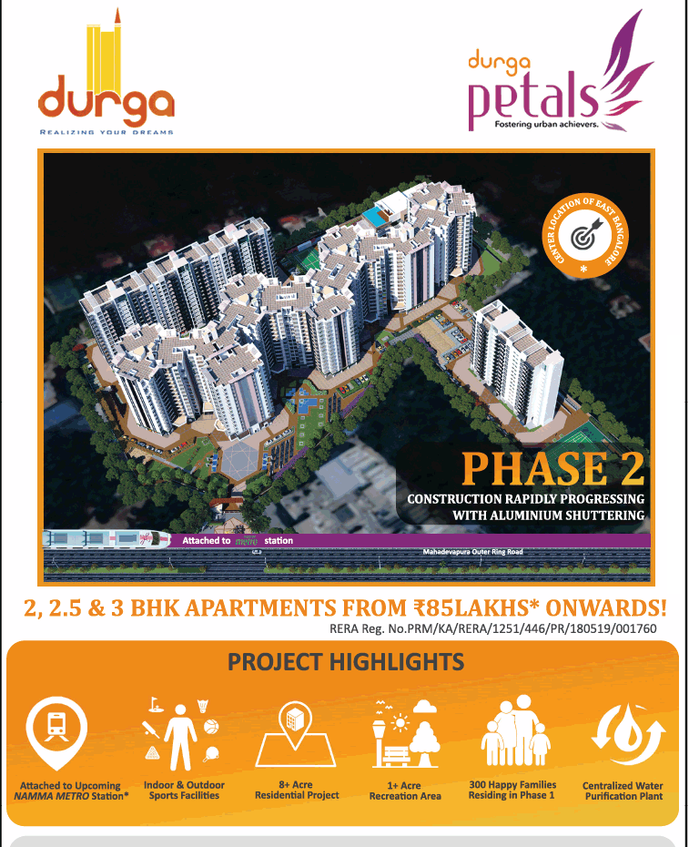 2, 2.5 & 3 BHK apartment from Rs 85 lakh onwards at Durga Petals, Bangalore
