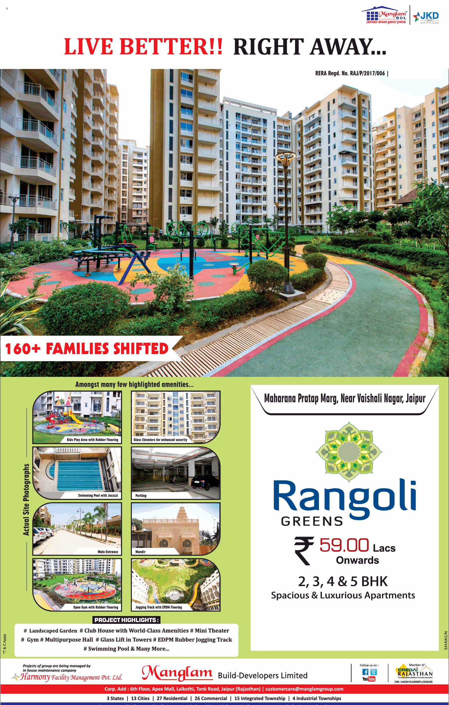 Apartment starting at Rs 59.00 lakh at Manglam Rangoli Greens, Jaipur