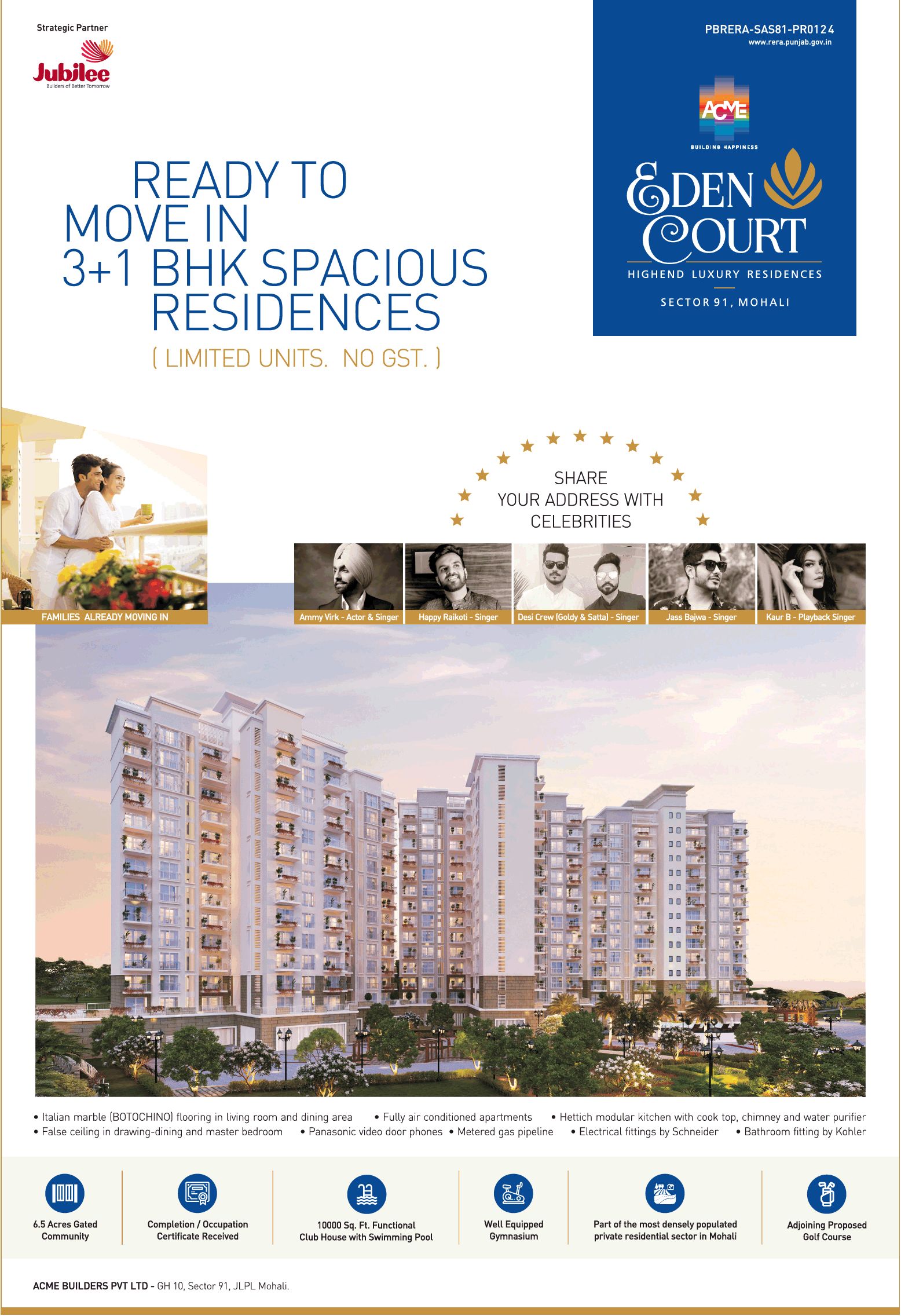 Ready to move in 3+1 bhk spacious residences at Acme Eden Court, Sector 91, Mohali