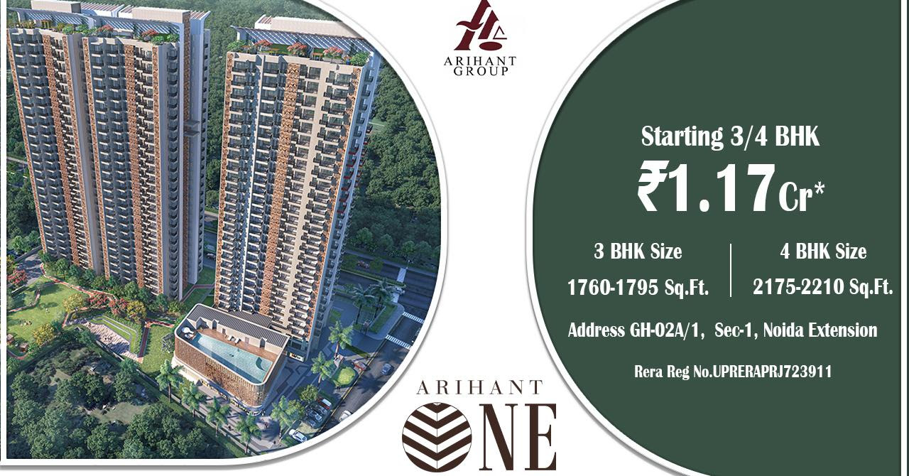 Fresh launch 3/4 BHK flats Rs 1.17 Cr at Arihant One, Greater Noida
