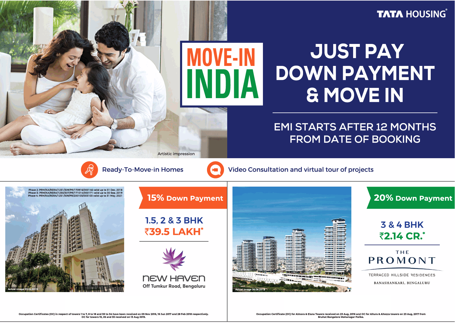 Just pay down payment and move in at Tata New Haven and Tata The Promont in Bangalore Update