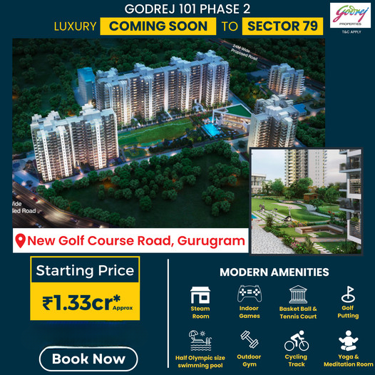 Godrej 101 Phase 2 Coming soon 2/2.5/3/3.5 BHK luxurious flats starting price Rs.1.33 Cr in Sector 79, Gurgaon
