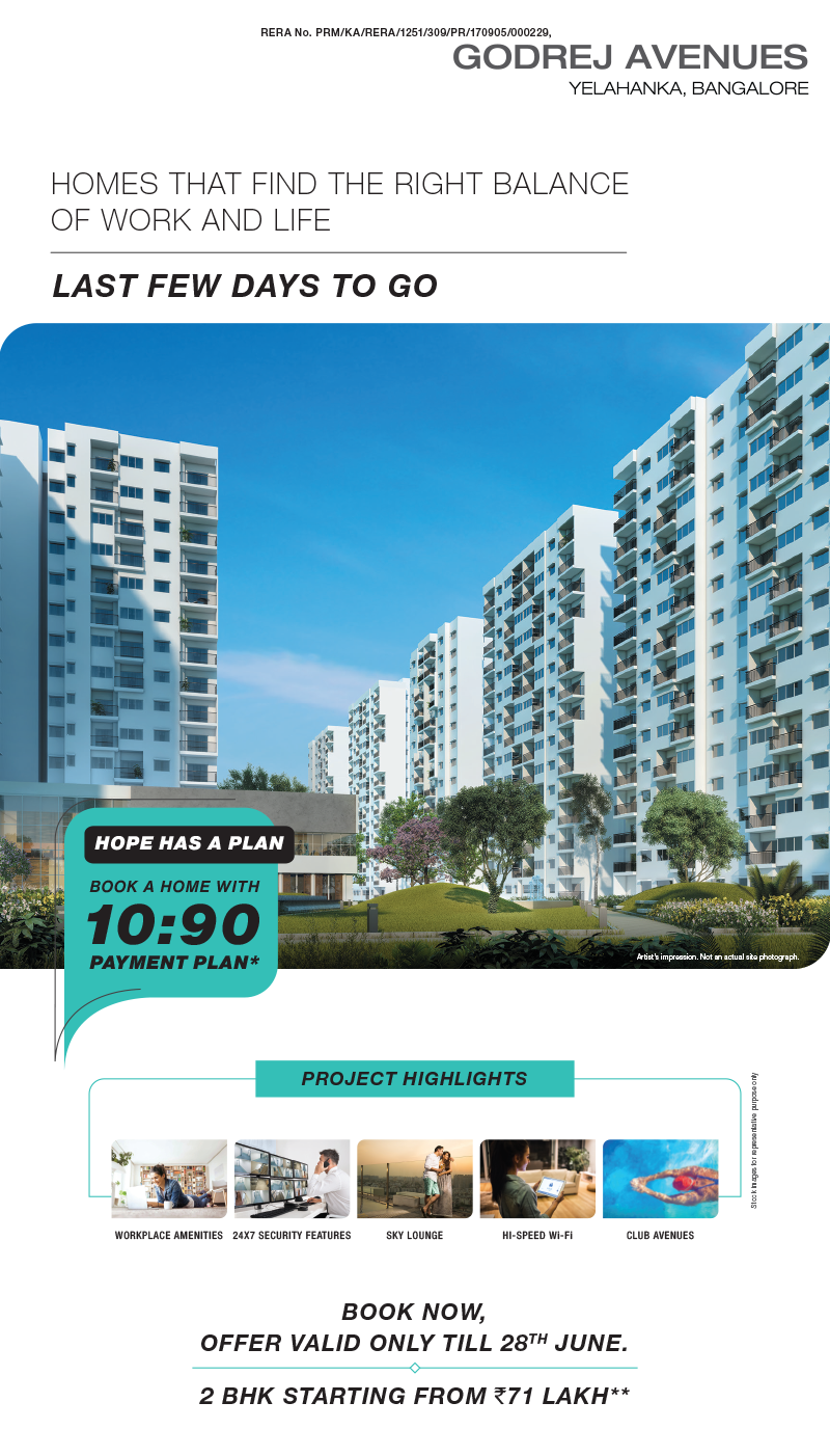 Last few days to go avail 10:90 payment plan at Godrej Avenues, Yelahanka in Bangalore Update