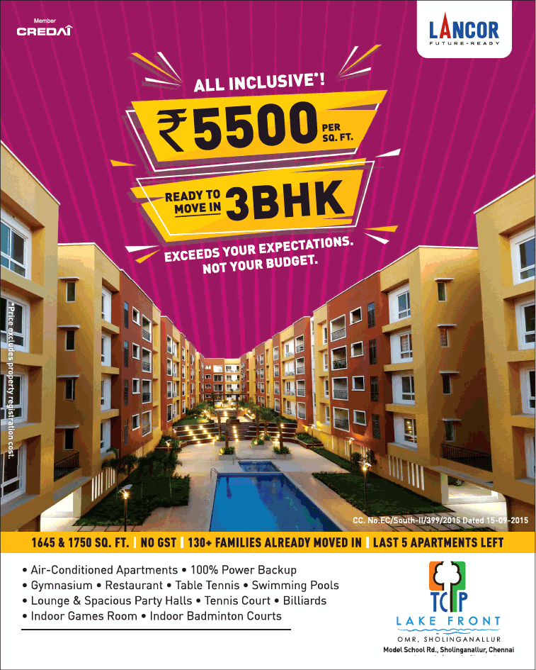 Ready to move in 3 BHK Rs 5500 per sq ft at Lancor TCP Lake Front, Chennai