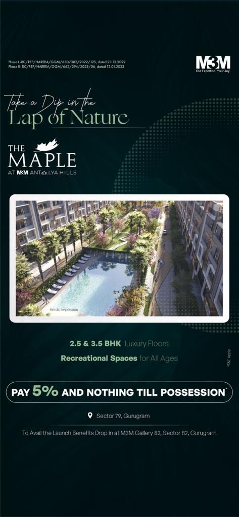 Pay  5%  and nothing till possession at M3M Antalya Hills, Gurgaon