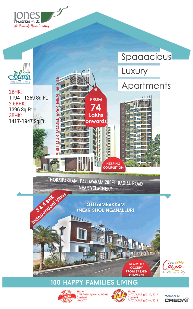 Spaaacious luxury apartments at Jones Blazia and Jones Cassia in Chennai