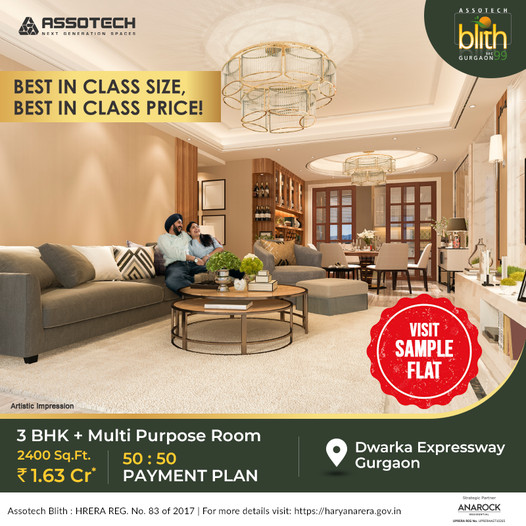 Book 3 BHK + multi purpose room 2400 sqft Rs 1.63 Cr at Assotech Blith in Sector 99, Gurgaon