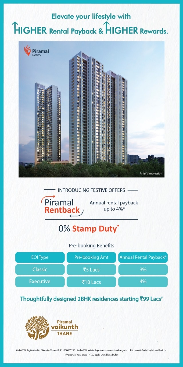 Annual rental paybacks up to 4% with 0% stamp duty at Piramal Vaikunth  in Mumbai